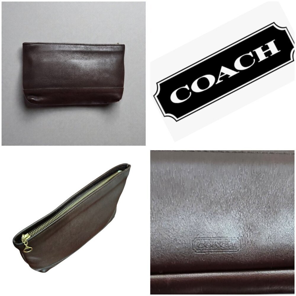 Vintage Coach Leather Cosmetic Pouch Brown Zip Clutch USA Made Classic Minimal - Picture 2 of 13